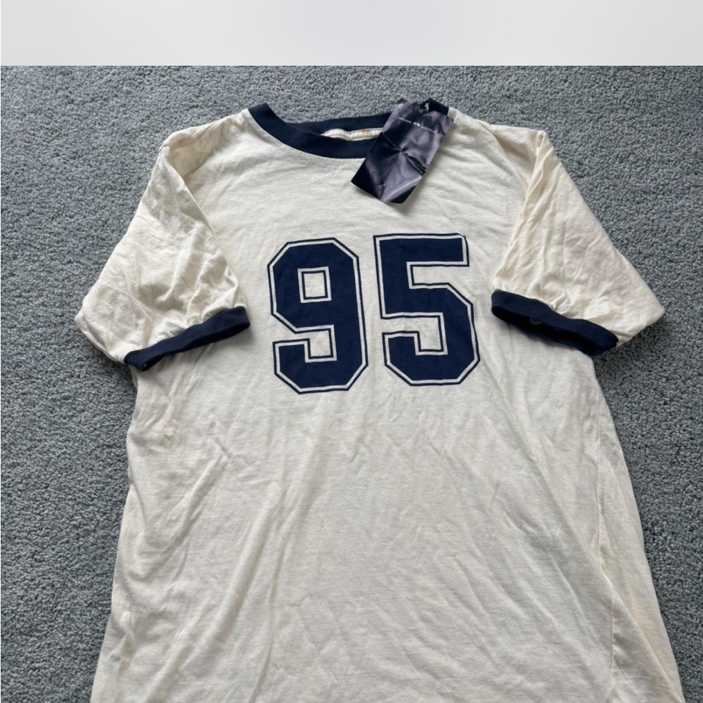 Women Brandy Melville White Ringer T-Shirt with Navy 95 Graphic